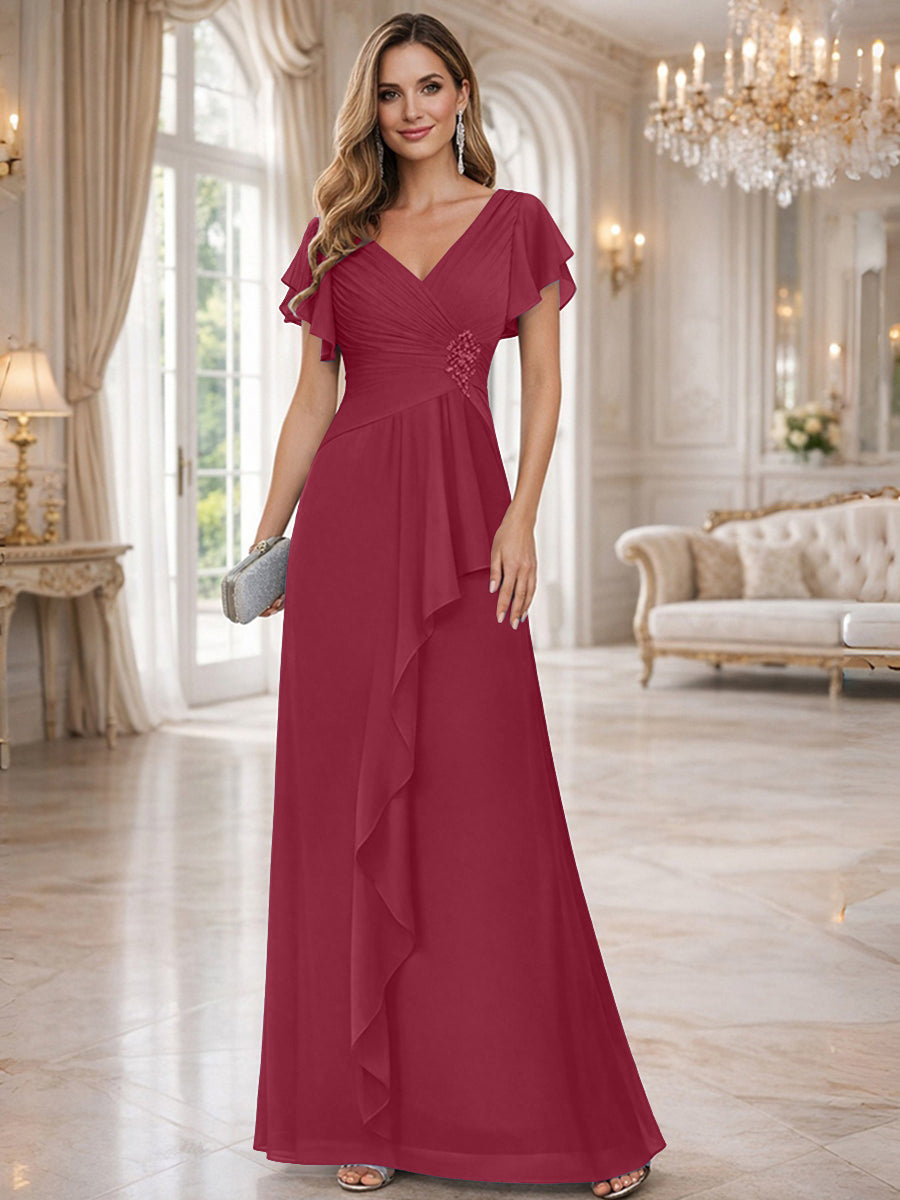A-Line/Princess V-Neck Pleated Ruffle Floor-Length Mother of the Bride Dresses with Applique