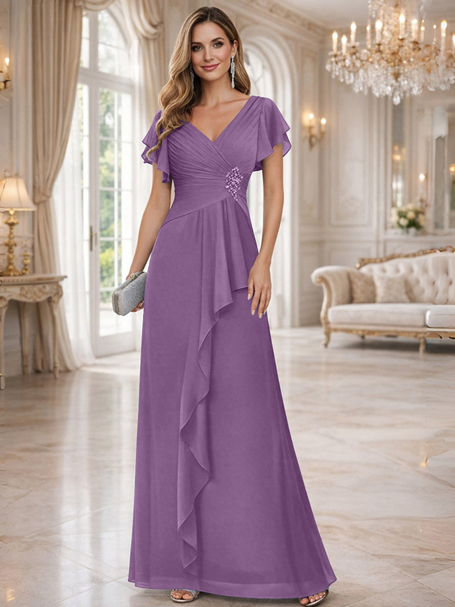 A-Line/Princess V-Neck Pleated Ruffle Floor-Length Mother of the Bride Dresses with Applique