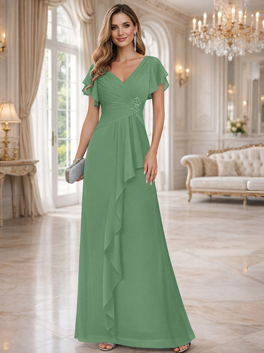 A-Line/Princess V-Neck Pleated Ruffle Floor-Length Mother of the Bride Dresses with Applique