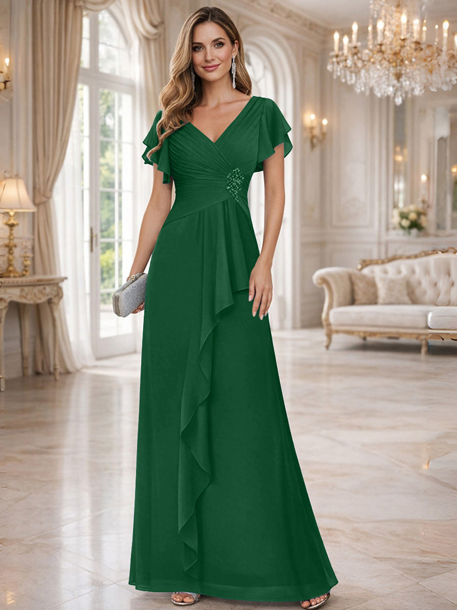 A-Line/Princess V-Neck Pleated Ruffle Floor-Length Mother of the Bride Dresses with Applique