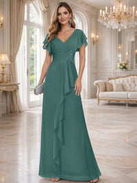 A-Line/Princess V-Neck Pleated Ruffle Floor-Length Mother of the Bride Dresses with Applique