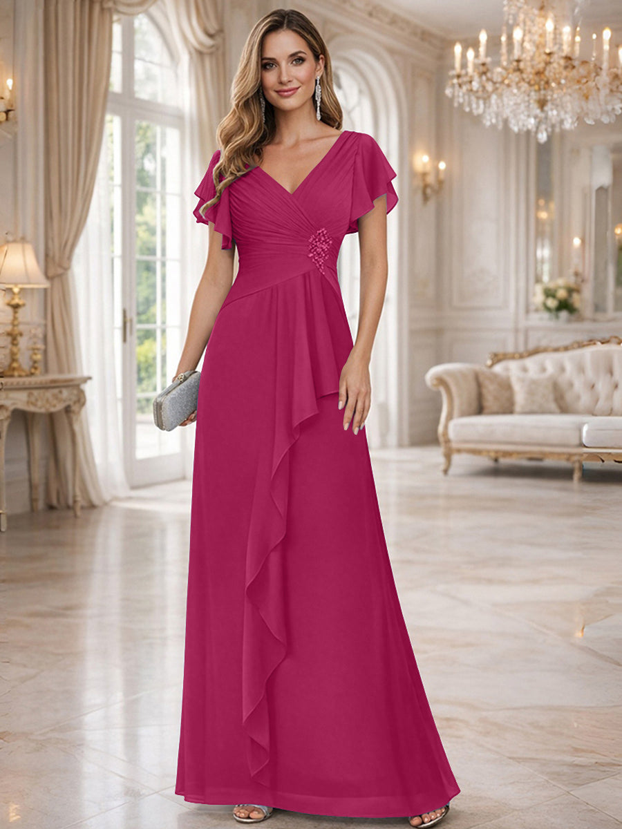 A-Line/Princess V-Neck Pleated Ruffle Floor-Length Mother of the Bride Dresses with Applique