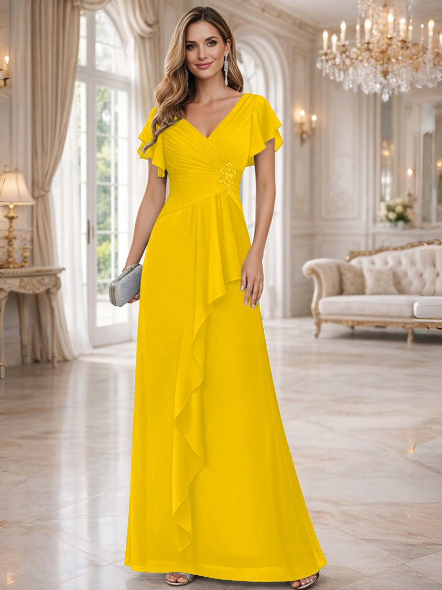 A-Line/Princess V-Neck Pleated Ruffle Floor-Length Mother of the Bride Dresses with Applique