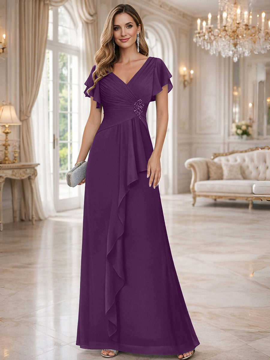 A-Line/Princess V-Neck Pleated Ruffle Floor-Length Mother of the Bride Dresses with Applique