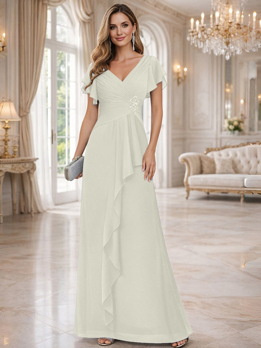 A-Line/Princess V-Neck Pleated Ruffle Floor-Length Mother of the Bride Dresses with Applique