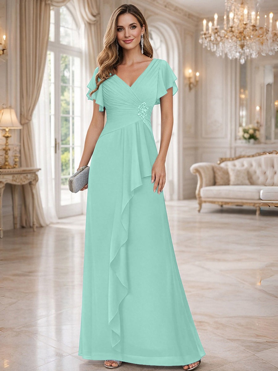 A-Line/Princess V-Neck Pleated Ruffle Floor-Length Mother of the Bride Dresses with Applique
