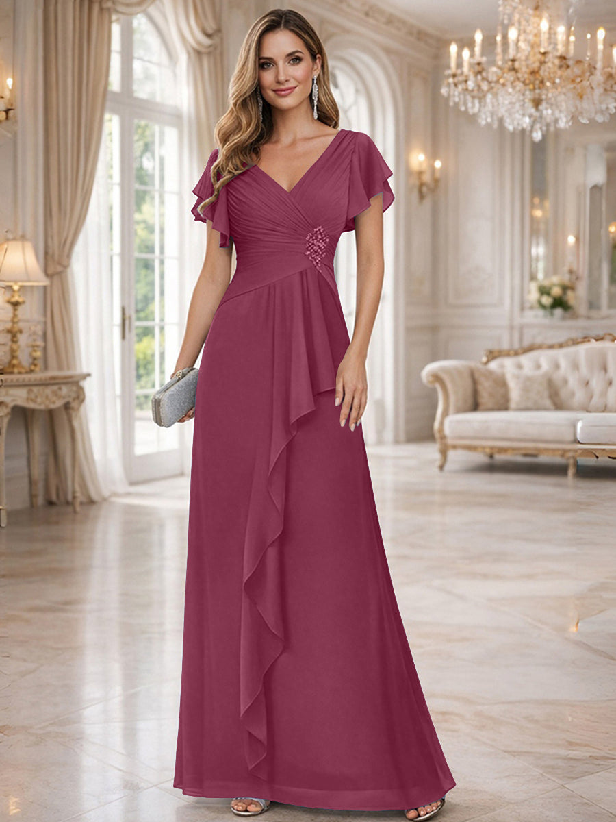 A-Line/Princess V-Neck Pleated Ruffle Floor-Length Mother of the Bride Dresses with Applique