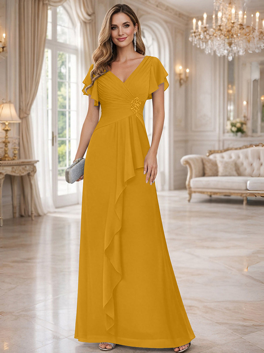 A-Line/Princess V-Neck Pleated Ruffle Floor-Length Mother of the Bride Dresses with Applique