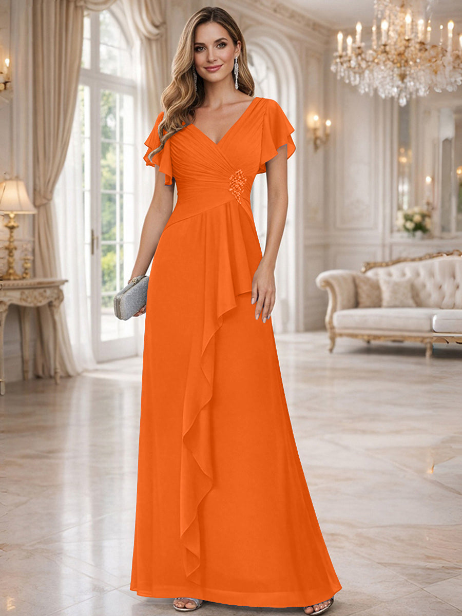 A-Line/Princess V-Neck Pleated Ruffle Floor-Length Mother of the Bride Dresses with Applique