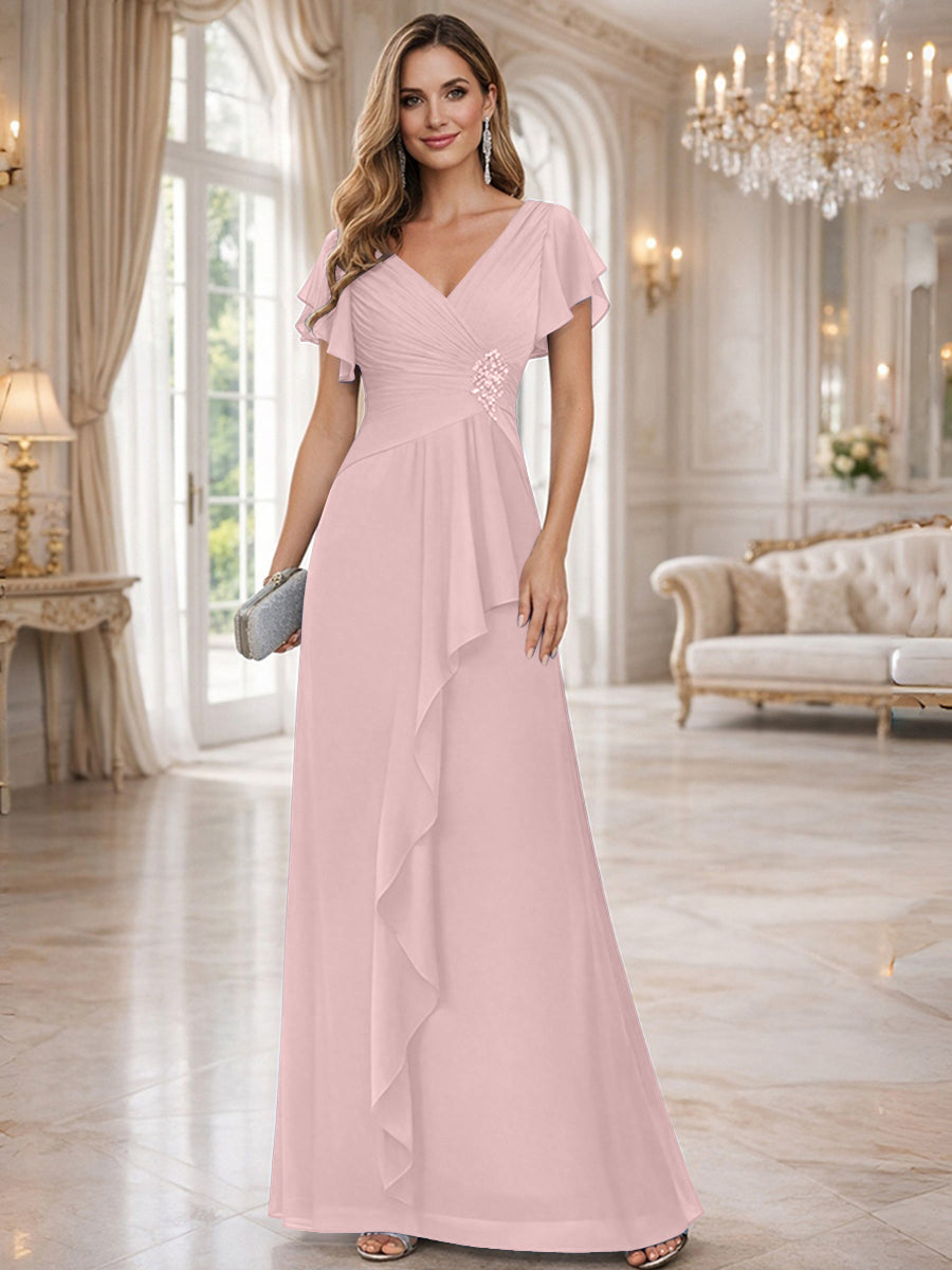 A-Line/Princess V-Neck Pleated Ruffle Floor-Length Mother of the Bride Dresses with Applique
