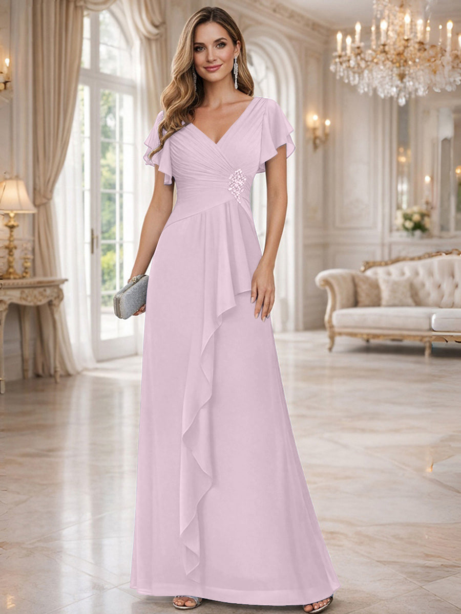 A-Line/Princess V-Neck Pleated Ruffle Floor-Length Mother of the Bride Dresses with Applique