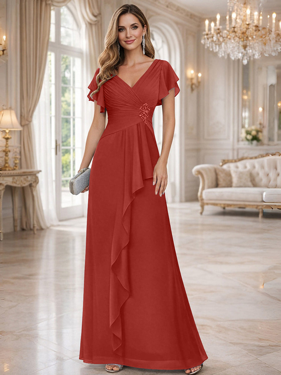 A-Line/Princess V-Neck Pleated Ruffle Floor-Length Mother of the Bride Dresses with Applique