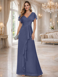 A-Line/Princess V-Neck Pleated Ruffle Floor-Length Mother of the Bride Dresses with Applique