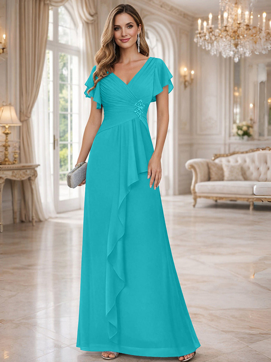 A-Line/Princess V-Neck Pleated Ruffle Floor-Length Mother of the Bride Dresses with Applique