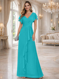 A-Line/Princess V-Neck Pleated Ruffle Floor-Length Mother of the Bride Dresses with Applique