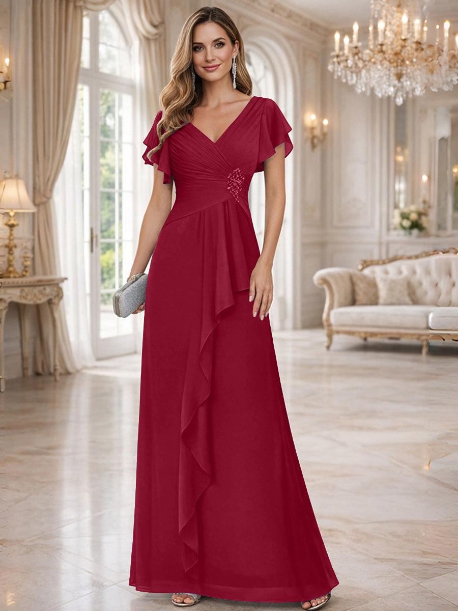 A-Line/Princess V-Neck Pleated Ruffle Floor-Length Mother of the Bride Dresses with Applique