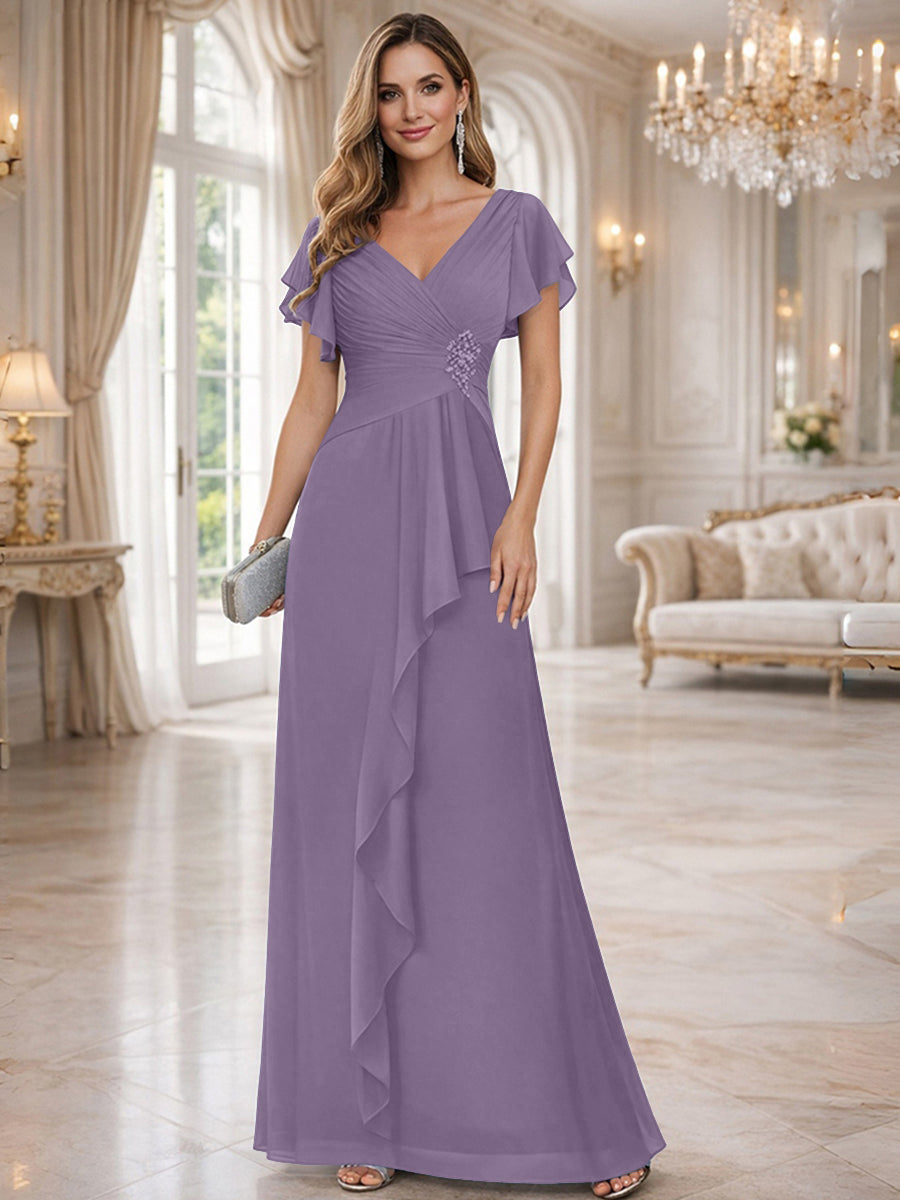 A-Line/Princess V-Neck Pleated Ruffle Floor-Length Mother of the Bride Dresses with Applique