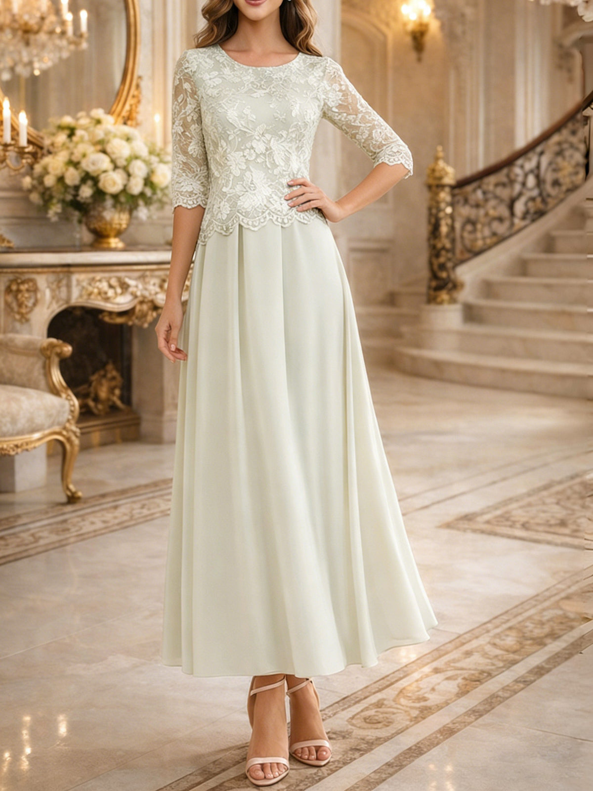 Shirees Emerald A-Line/Princess 3/4 Sleeves Ankle-Length Mother of the Bride Dresses with Lace Appliques 2026