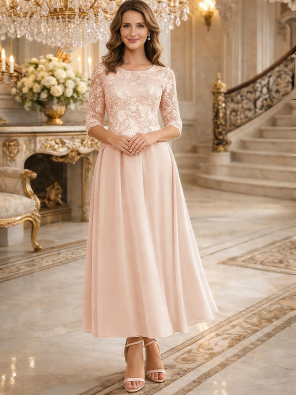A-Line/Princess 3/4 Sleeves Ankle-Length Mother of the Bride Dresses with Lace Appliques