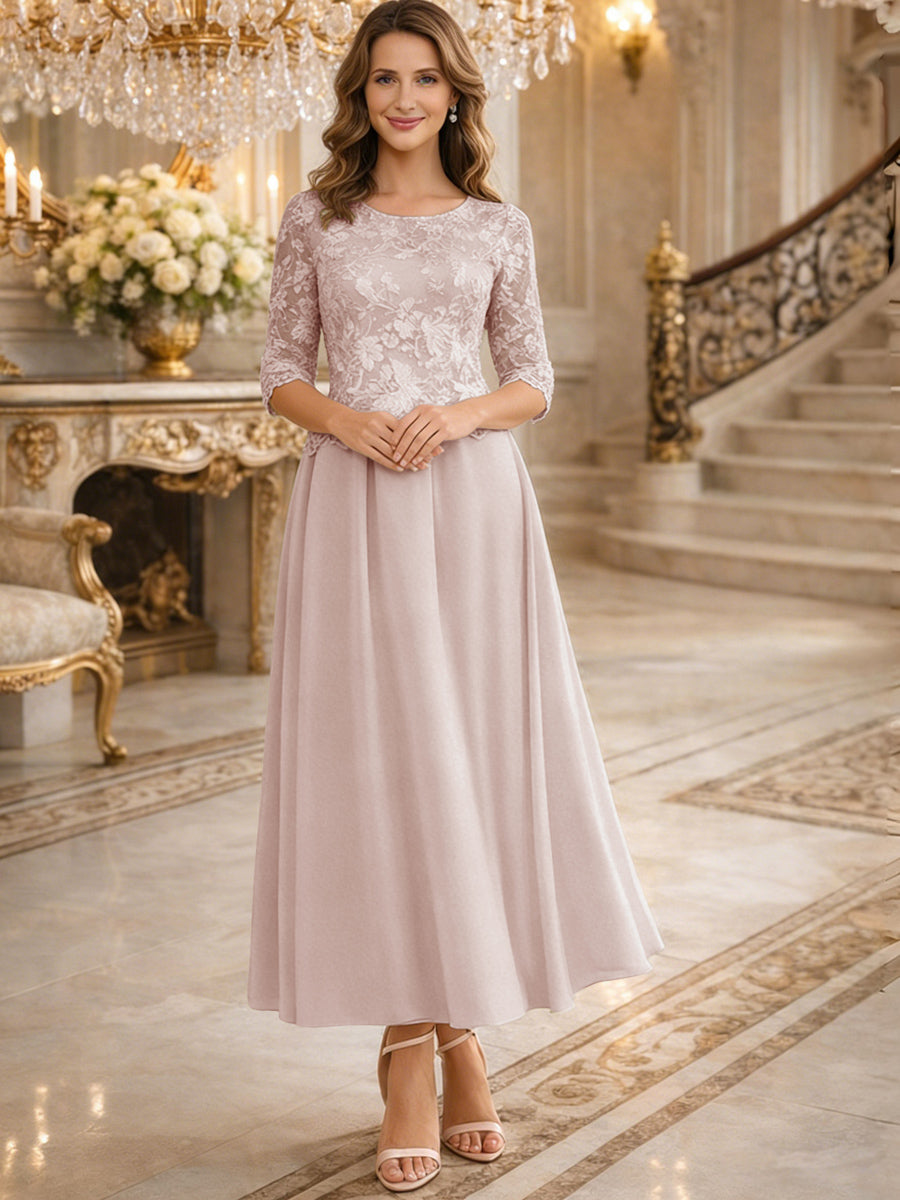 A-Line/Princess 3/4 Sleeves Ankle-Length Mother of the Bride Dresses with Lace Appliques