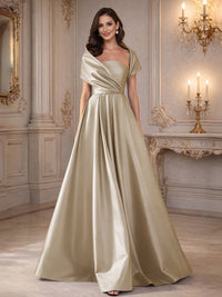 A-Line/Princess Asymmetrical Cape Sleeves Satin Floor-Length Mother of the Bride Dresses with Pleats