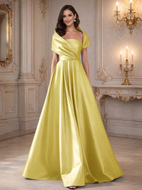 A-Line/Princess Asymmetrical Cape Sleeves Satin Floor-Length Mother of the Bride Dresses with Pleats
