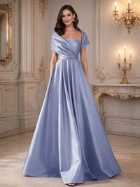 A-Line/Princess Asymmetrical Cape Sleeves Satin Floor-Length Mother of the Bride Dresses with Pleats