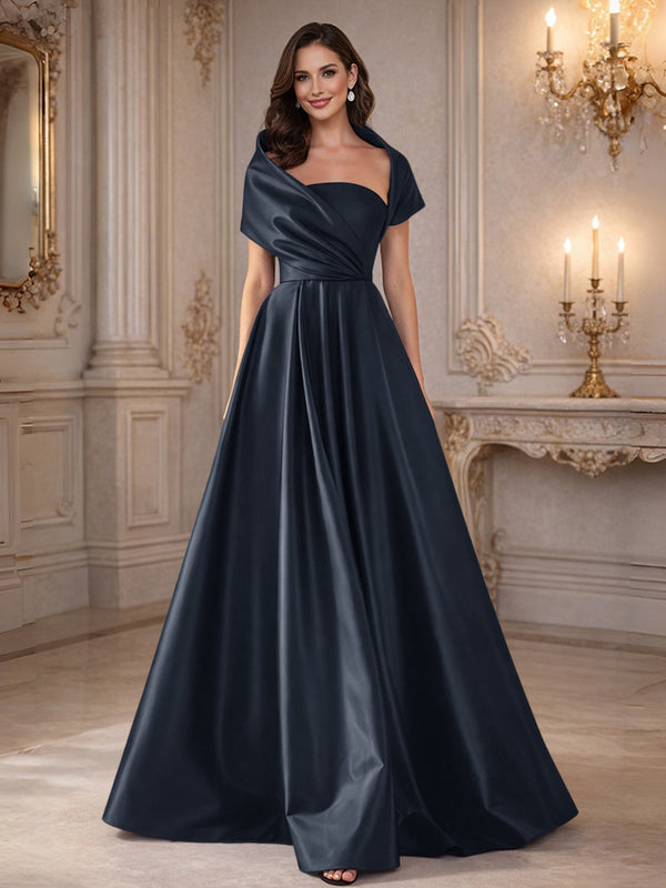 A-Line/Princess Asymmetrical Cape Sleeves Satin Floor-Length Mother of the Bride Dresses with Pleats