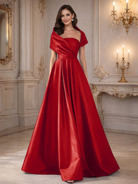 A-Line/Princess Asymmetrical Cape Sleeves Satin Floor-Length Mother of the Bride Dresses with Pleats