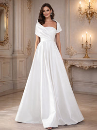 A-Line/Princess Asymmetrical Cape Sleeves Satin Floor-Length Mother of the Bride Dresses with Pleats