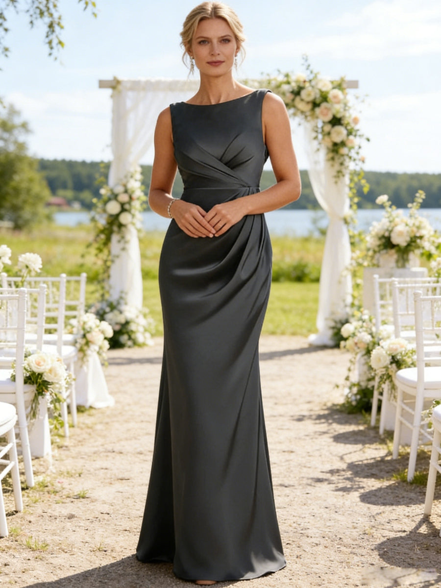 Sheath/Column Scoop Neck Asymmetrical Satin Floor-Length Mother of the Bride Dresses with Pleats