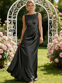 Sheath/Column Scoop Neck Asymmetrical Satin Floor-Length Mother of the Bride Dresses with Pleats