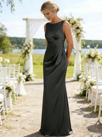 Sheath/Column Scoop Neck Asymmetrical Satin Floor-Length Mother of the Bride Dresses with Pleats