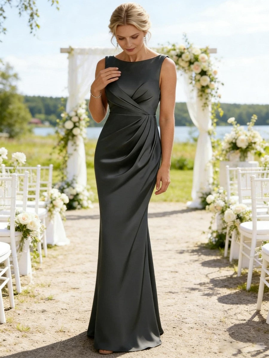Sheath/Column Scoop Neck Asymmetrical Satin Floor-Length Mother of the Bride Dresses with Pleats