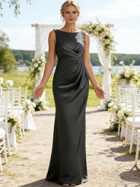 Sheath/Column Scoop Neck Asymmetrical Satin Floor-Length Mother of the Bride Dresses with Pleats