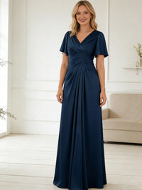 A-Line/Princess V-Neck Flying Sleeves Satin Floor-Length Mother of the Bride Dresses with Pleats