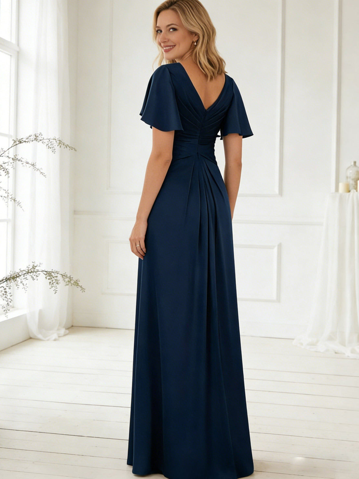 A-Line/Princess V-Neck Flying Sleeves Satin Floor-Length Mother of the Bride Dresses with Pleats