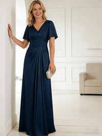 A-Line/Princess V-Neck Flying Sleeves Satin Floor-Length Mother of the Bride Dresses with Pleats