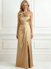 A-Line/Princess One Shoulder Pleated Satin Floor-Length Mother of the Bride Dresses with Slit & Bow