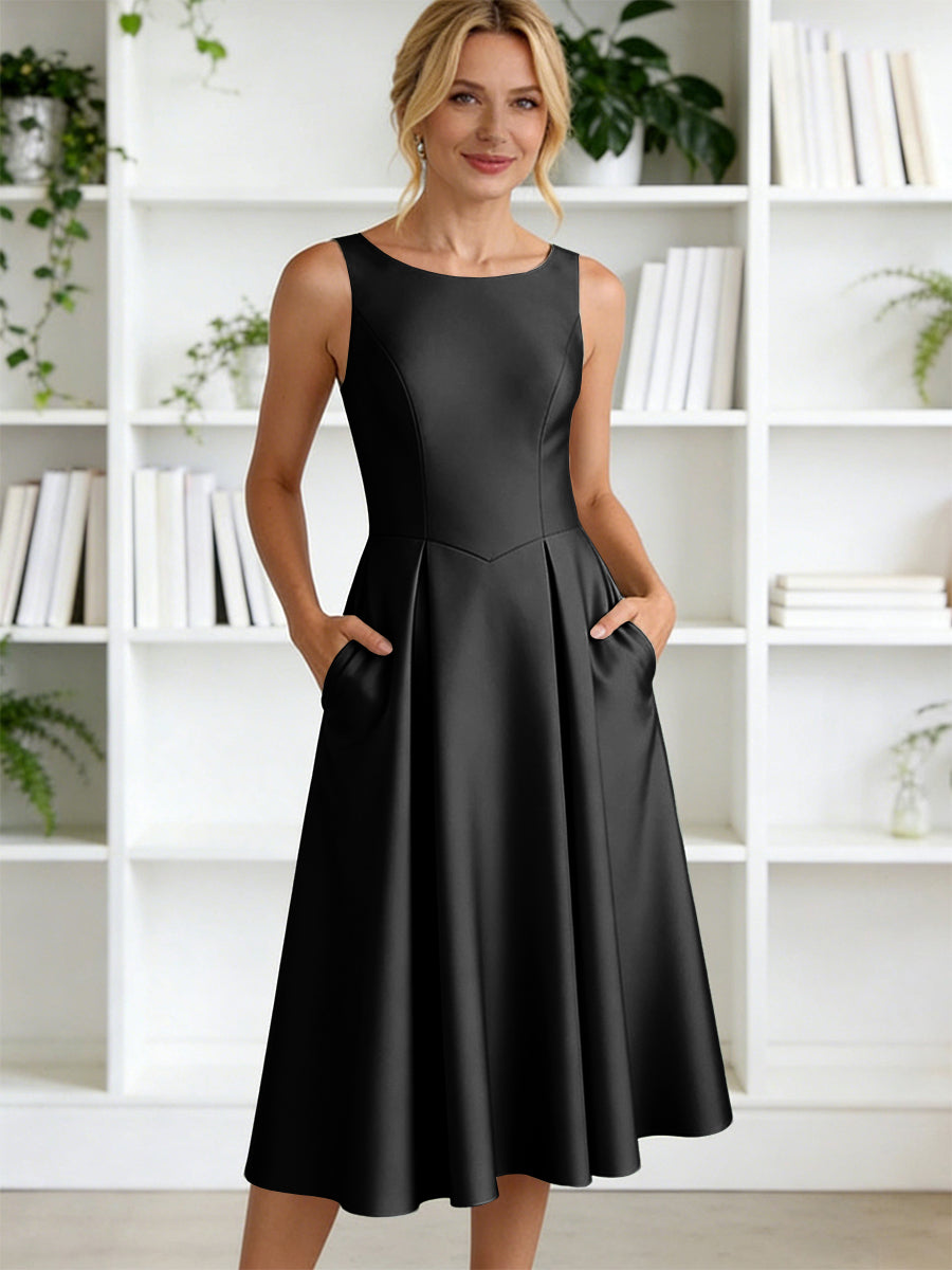A-Line/Princess Scoop Neck Satin Tea-Length Mother of the Bride Dresses with Pockets