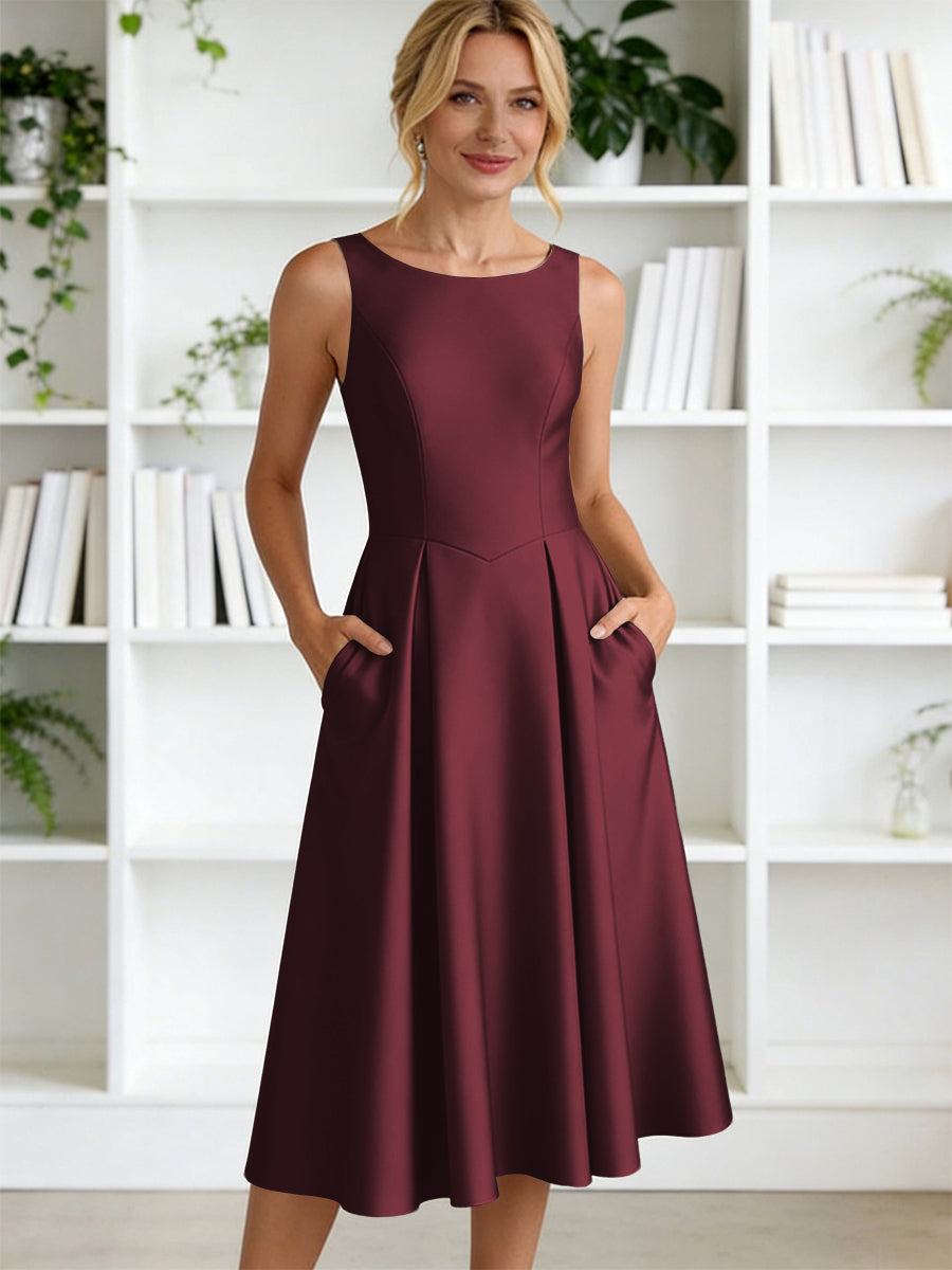 A-Line/Princess Scoop Neck Satin Tea-Length Mother of the Bride Dresses with Pockets