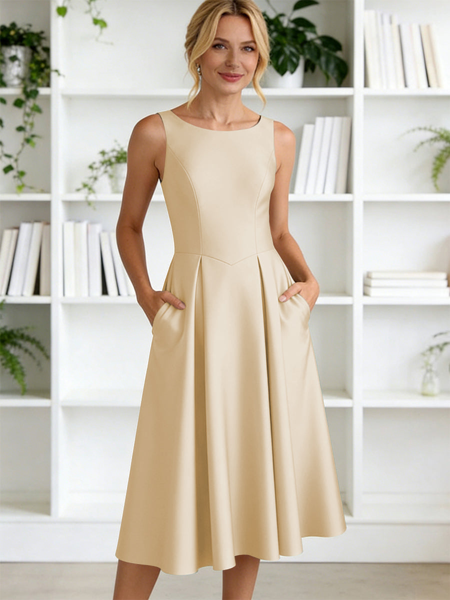 A-Line/Princess Scoop Neck Satin Tea-Length Mother of the Bride Dresses with Pockets