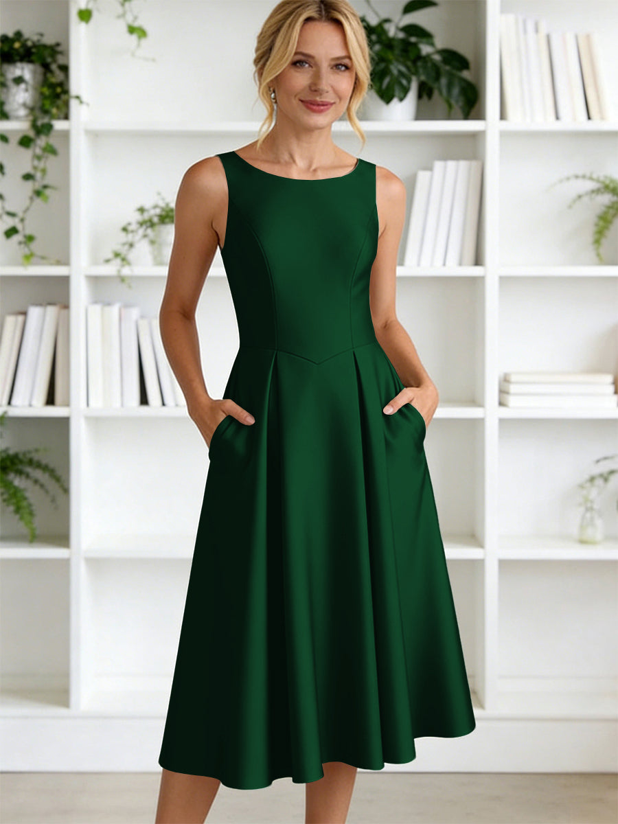 A-Line/Princess Scoop Neck Satin Tea-Length Mother of the Bride Dresses with Pockets