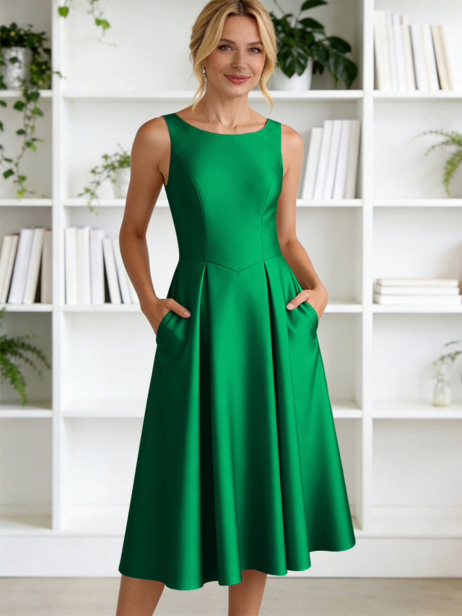 A-Line/Princess Scoop Neck Satin Tea-Length Mother of the Bride Dresses with Pockets