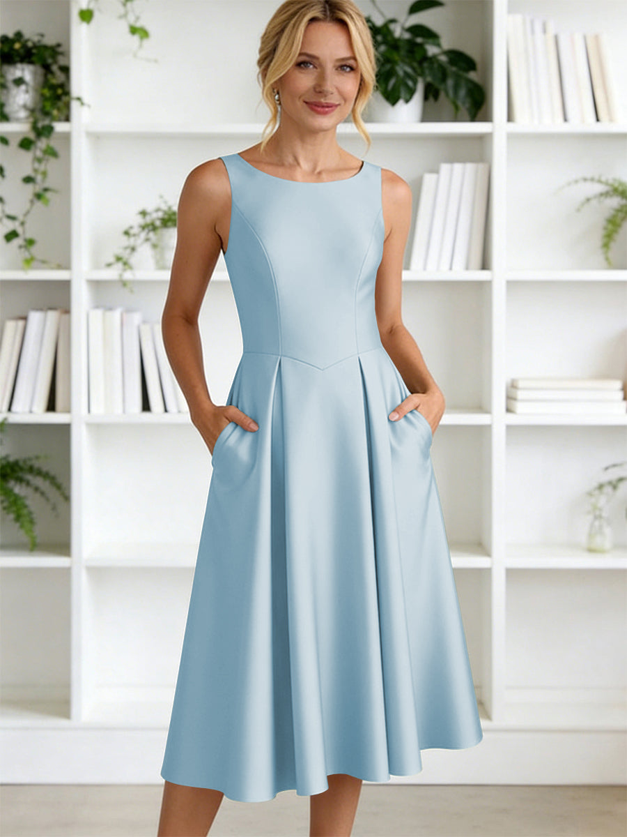A-Line/Princess Scoop Neck Satin Tea-Length Mother of the Bride Dresses with Pockets