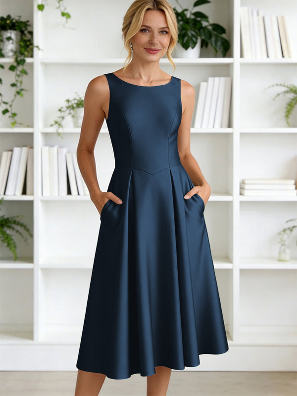 A-Line/Princess Scoop Neck Satin Tea-Length Mother of the Bride Dresses with Pockets