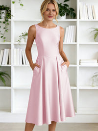A-Line/Princess Scoop Neck Satin Tea-Length Mother of the Bride Dresses with Pockets