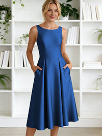 A-Line/Princess Scoop Neck Satin Tea-Length Mother of the Bride Dresses with Pockets