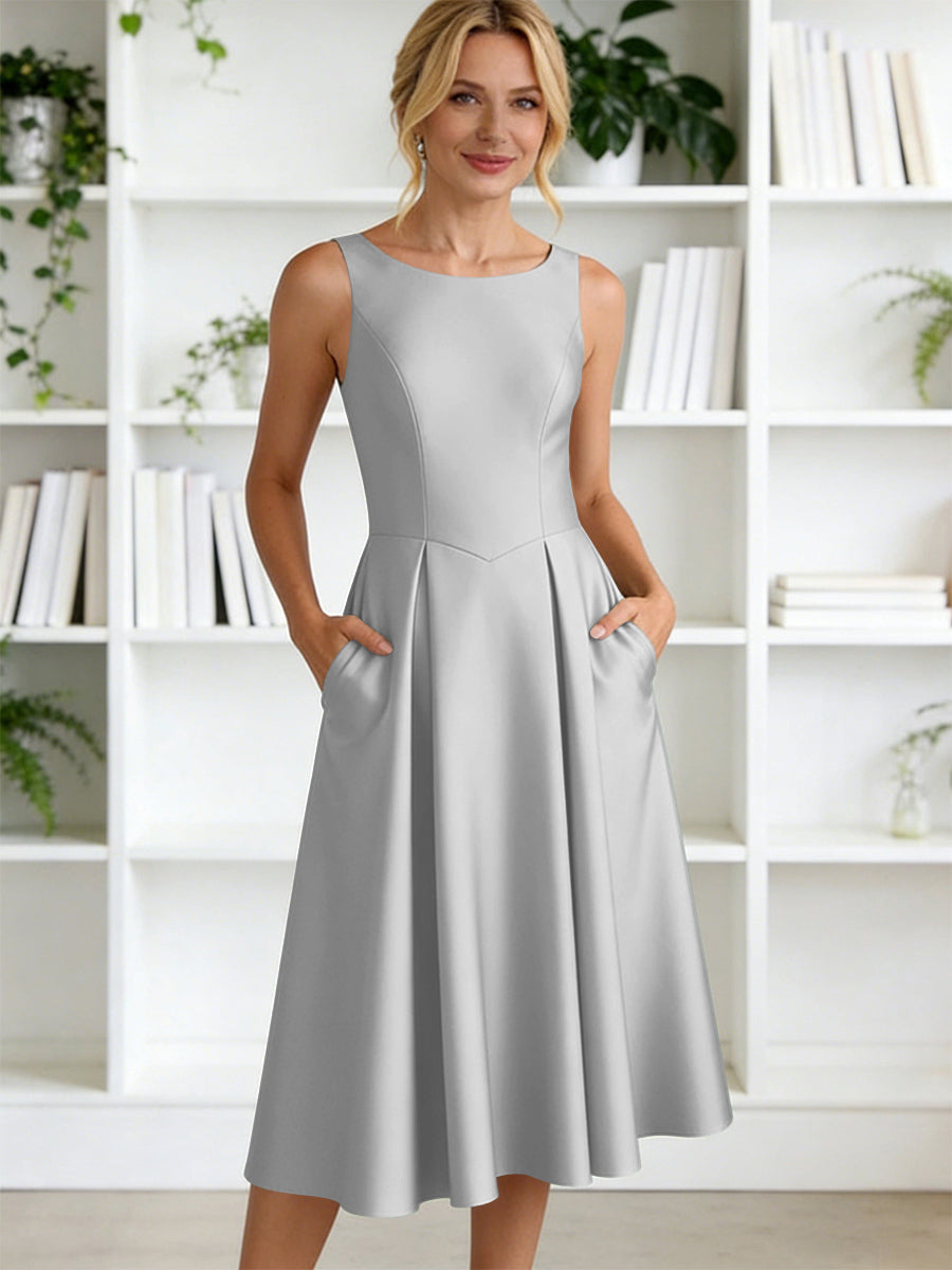 A-Line/Princess Scoop Neck Satin Tea-Length Mother of the Bride Dresses with Pockets