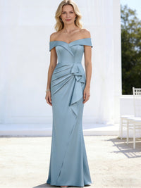 Sheath/Column Off Shoulder Pleated Satin Floor-Length Mother of the Bride Dresses with Ruffle
